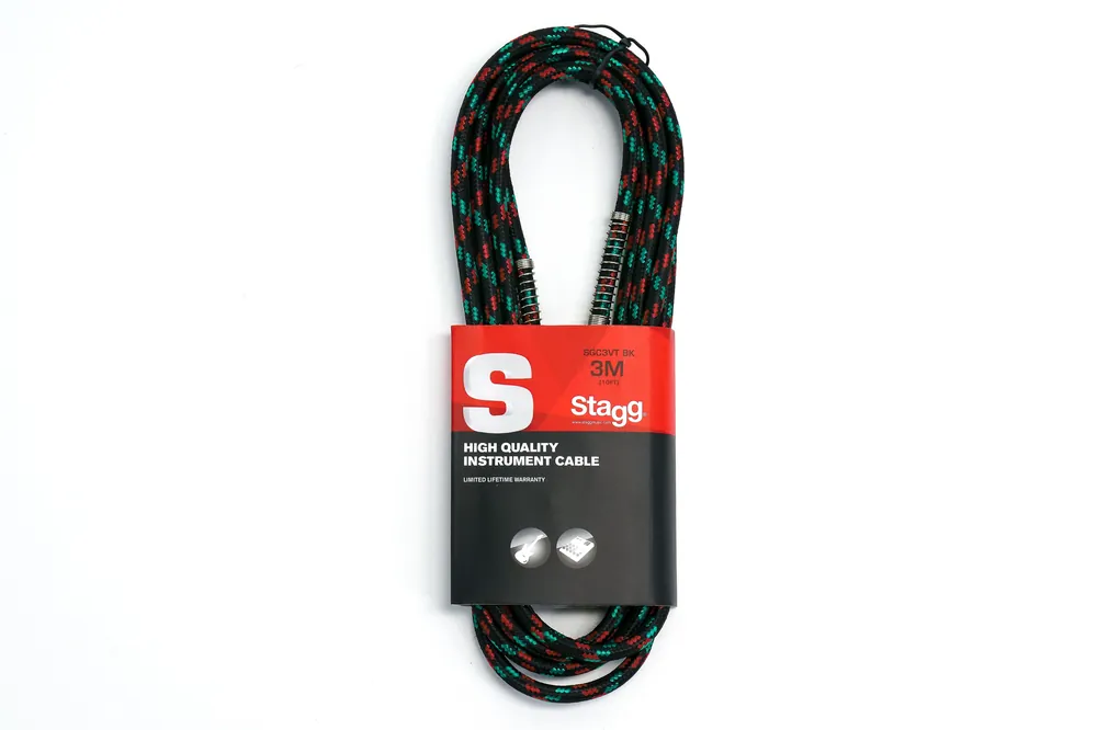 Worldwide Shipping Stagg SGC3VT BK S-Series 1/4 Inch Black Vintweed Instrument Cable - 10 - Terry Carter Music Store
