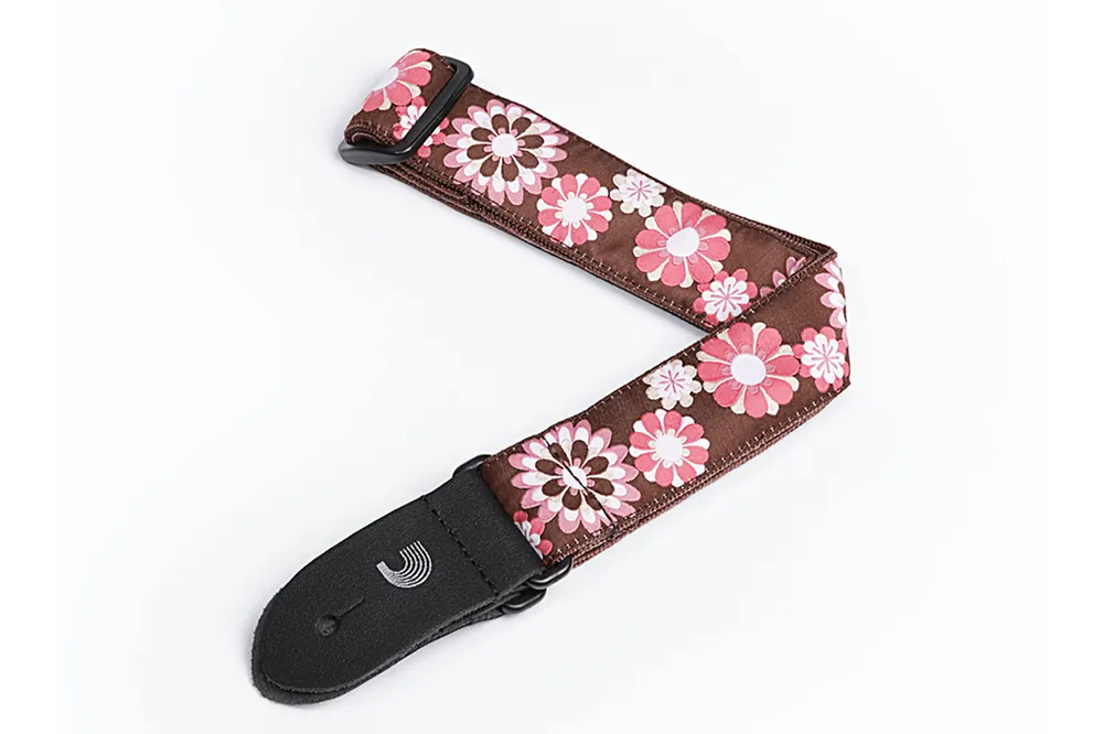 Viral D'Addario Ukulele Strap Woven WHITE, BROWN and PINK Flowers 1-1/2 Inch - Terry Carter Music Store